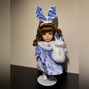 Collectors Choice DanDee Bunny Porcelain Doll 10” w/ Plush Rabbit & Stand